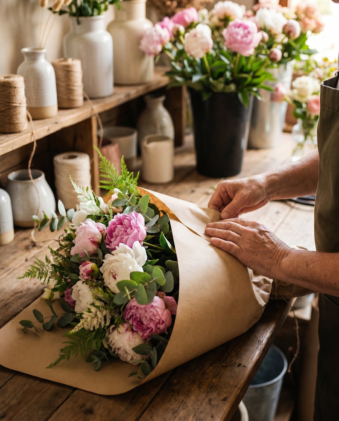 Vers boeket wordt ingepakt bij Bloemenhandel Muntjewerf